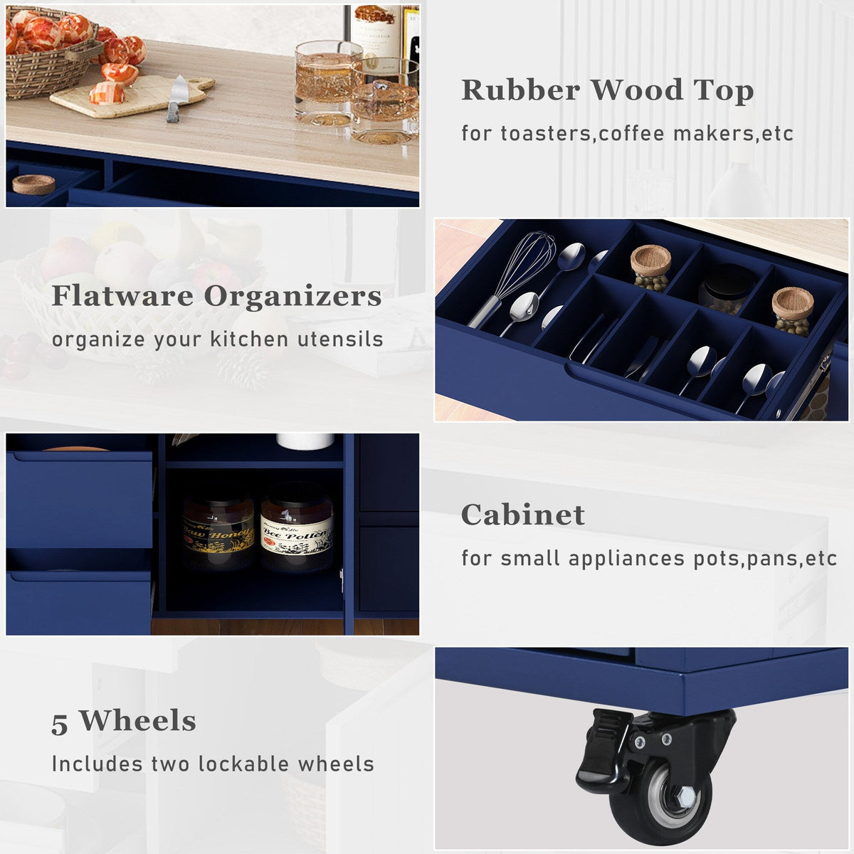 Runesay Blue Mdf Base with Mdf Wood Top Rolling Kitchen Island (18.5-in x 53.15-in x 37-in)