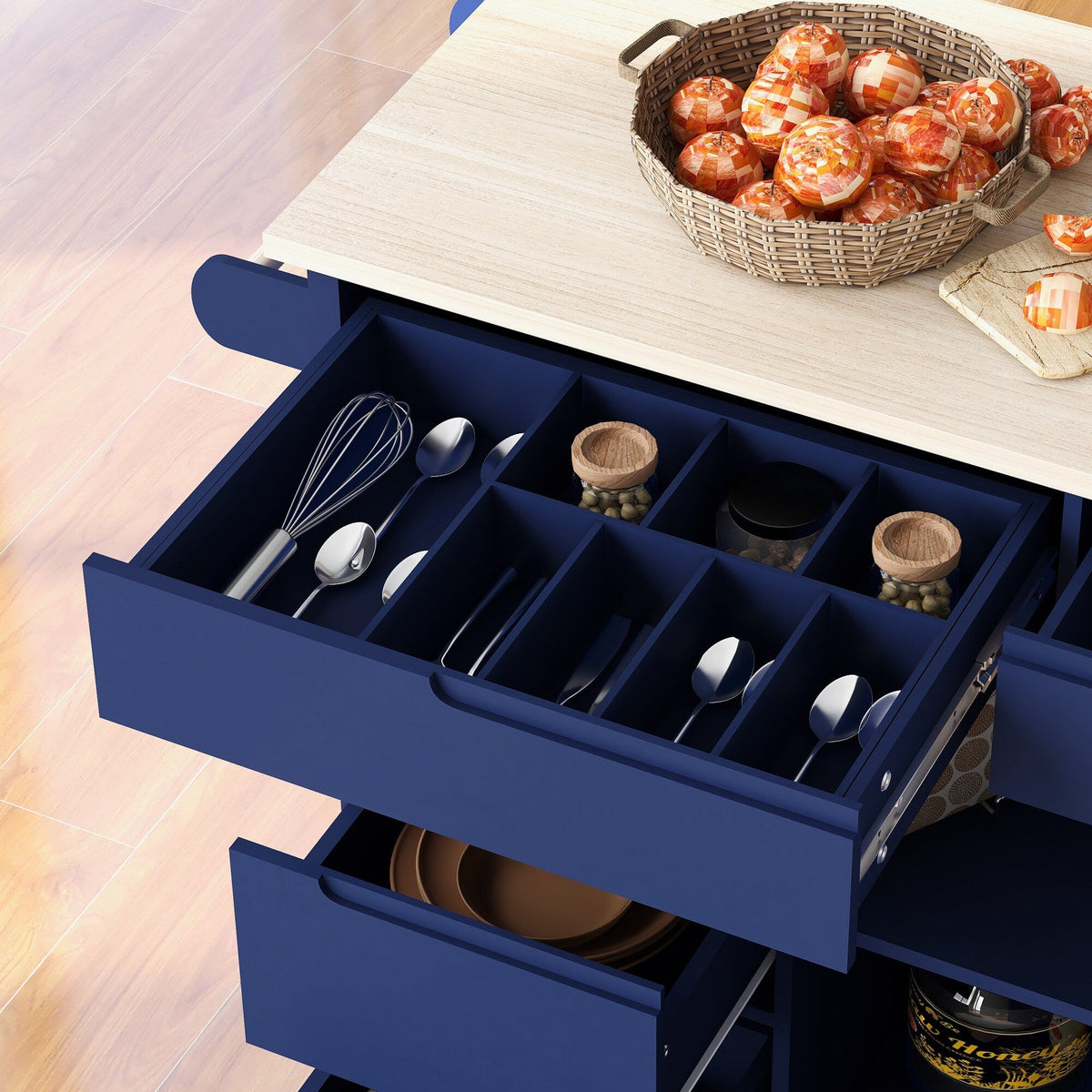 Runesay Blue Mdf Base with Mdf Wood Top Rolling Kitchen Island (18.5-in x 53.15-in x 37-in)