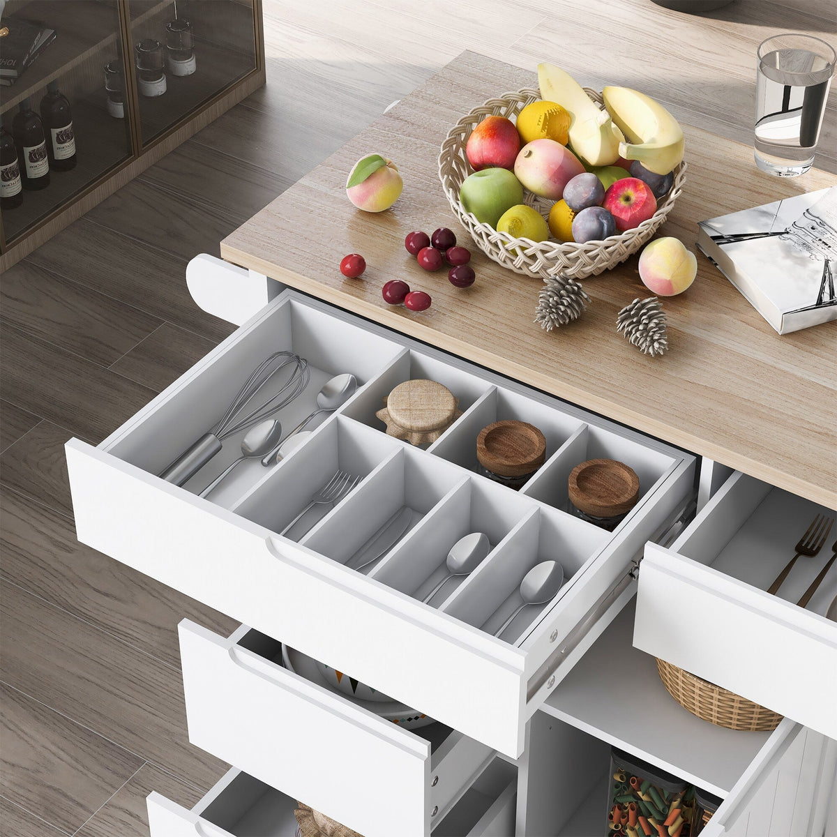 Runesay White Mdf Base with Mdf Wood Top Rolling Kitchen Island (18.5-in x 53.15-in x 37-in)