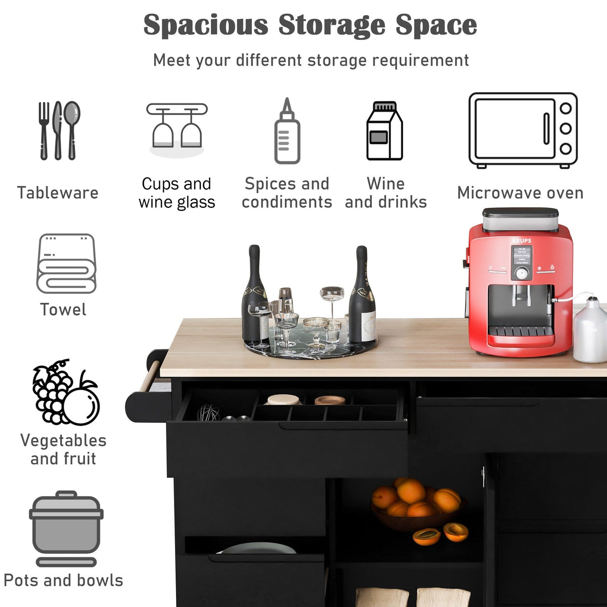 Runesay Black Mdf Base with Mdf Wood Top Rolling Kitchen Island (18.5-in x 53.15-in x 37-in)