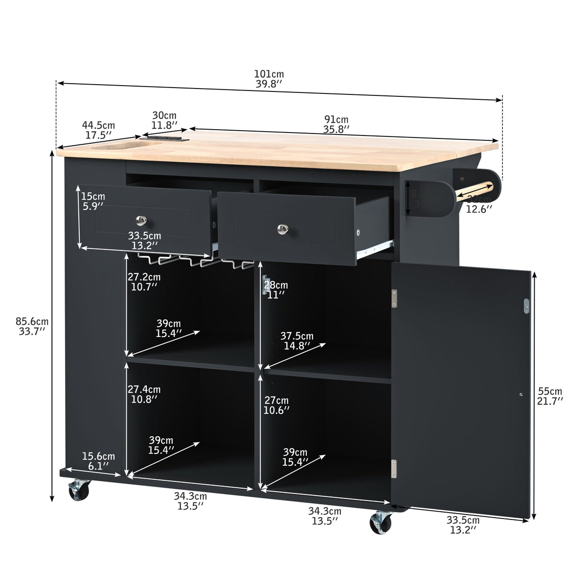Runesay Black Mdf Base with Mdf Wood Top Rolling Kitchen Island (29.33-in x 39.8-in x 33.7-in)