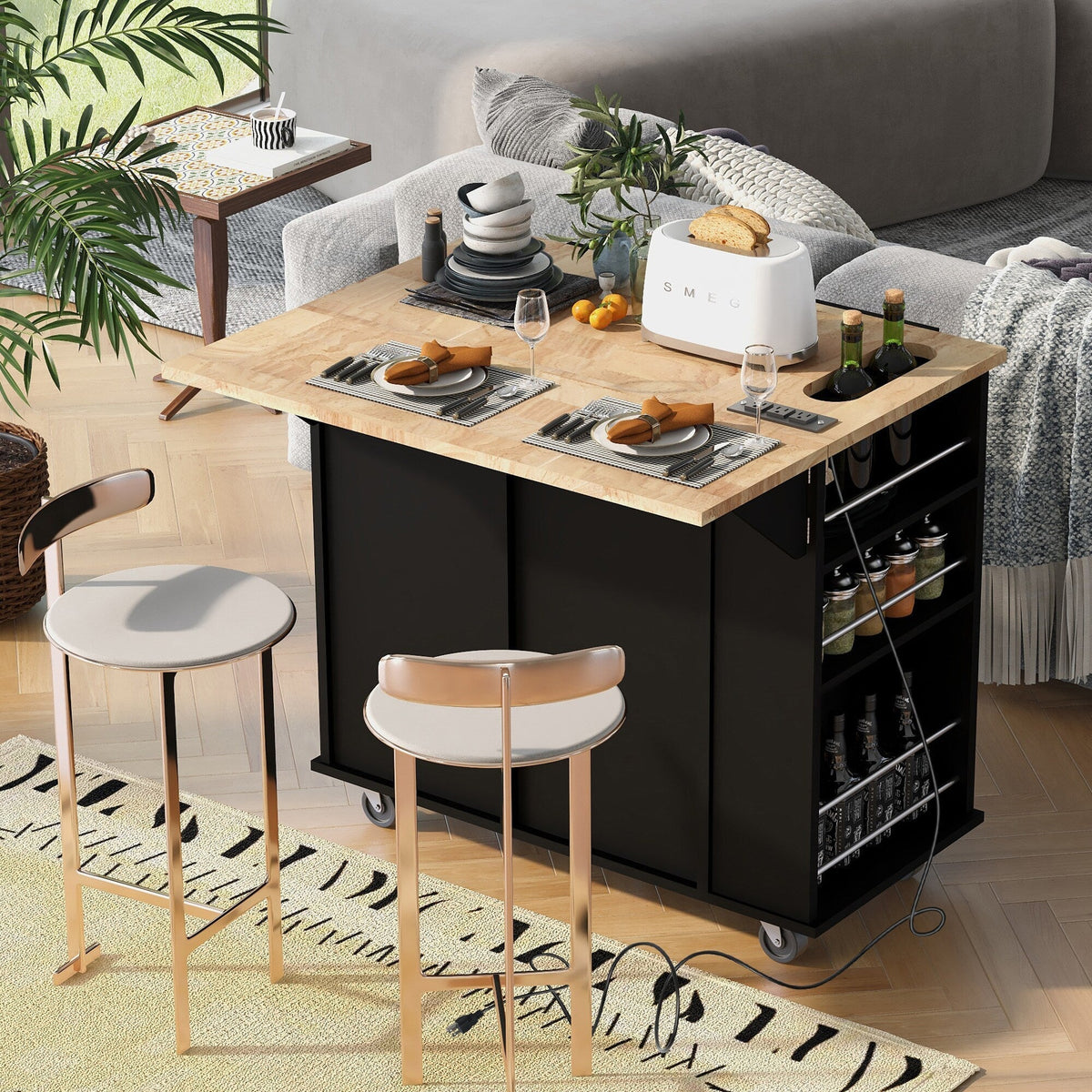 Runesay Black Mdf Base with Mdf Wood Top Rolling Kitchen Island (29.33-in x 39.8-in x 33.7-in)