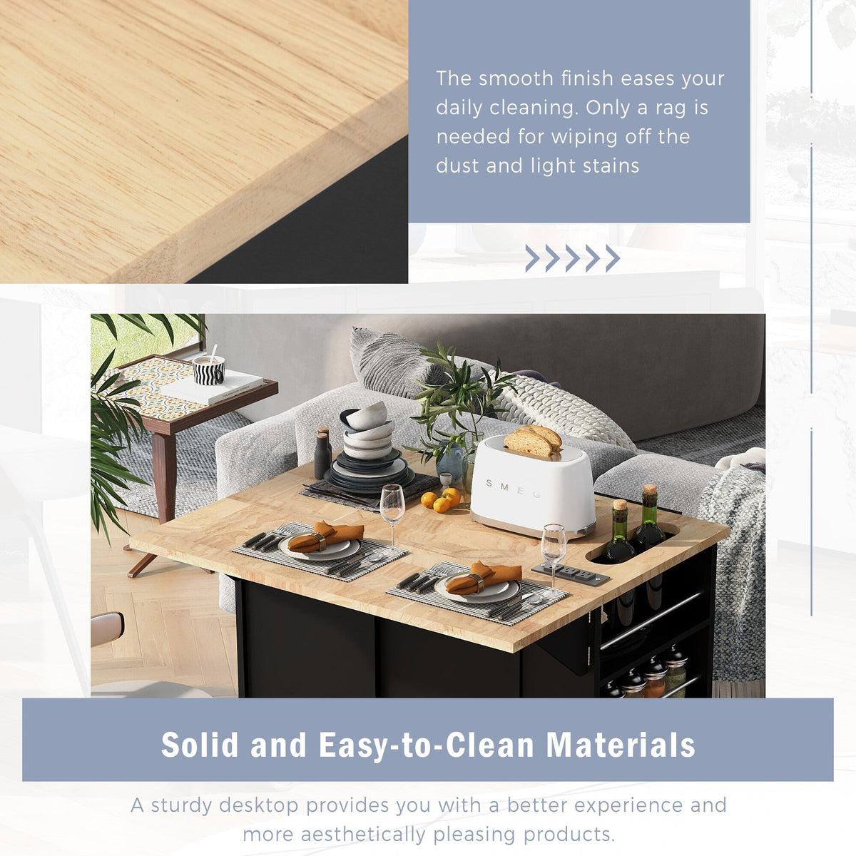 Runesay Black Mdf Base with Mdf Wood Top Rolling Kitchen Island (29.33-in x 39.8-in x 33.7-in)