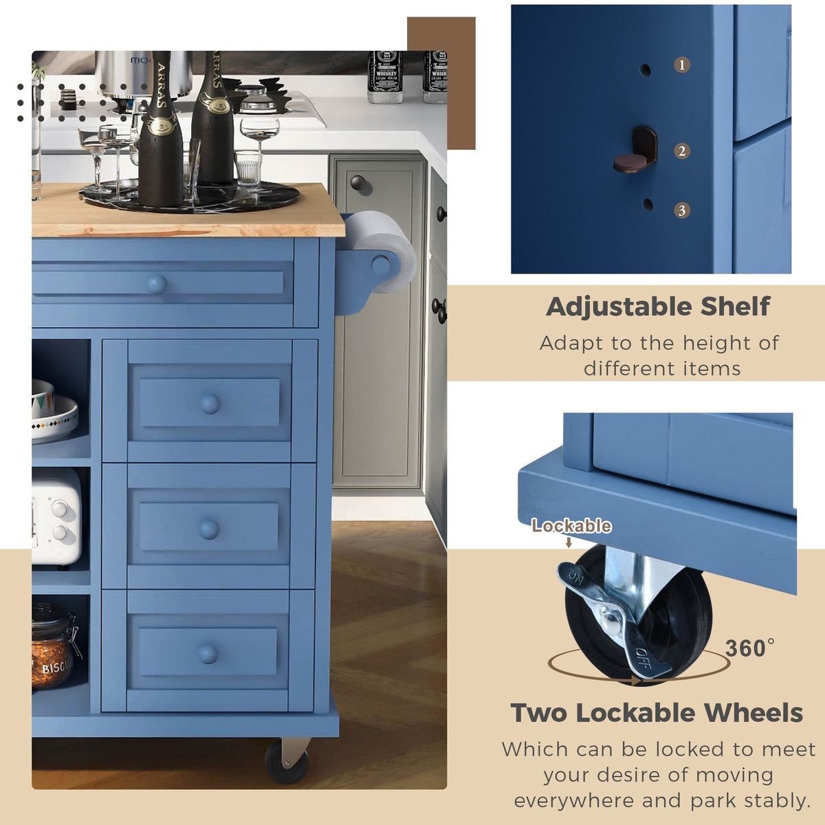 Runesay Blue Mdf Base with Mdf Wood Top Rolling Kitchen Island (18.1-in x 52.8-in x 36.2-in)