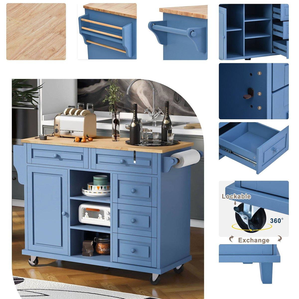 Runesay Blue Mdf Base with Mdf Wood Top Rolling Kitchen Island (18.1-in x 52.8-in x 36.2-in)