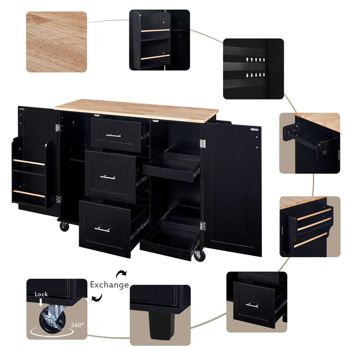 Runesay Black Mdf Base with Mdf Wood Top Rolling Kitchen Island (17-in x 50-in x 36.85-in)