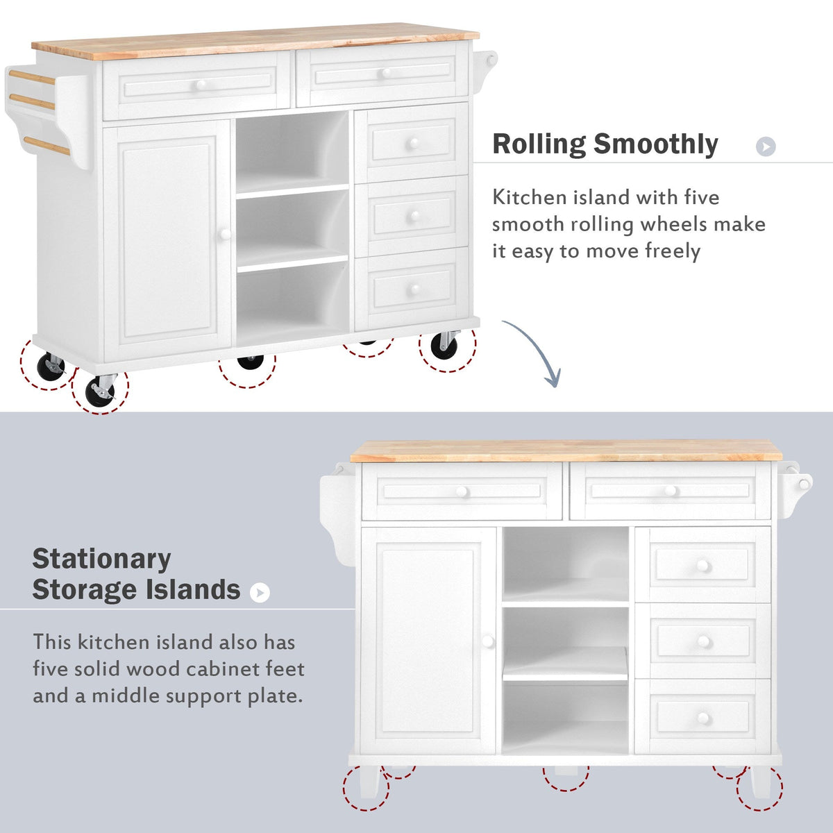 Runesay White Mdf Base with Mdf Wood Top Rolling Kitchen Island (18.1-in x 52.8-in x 36.2-in)