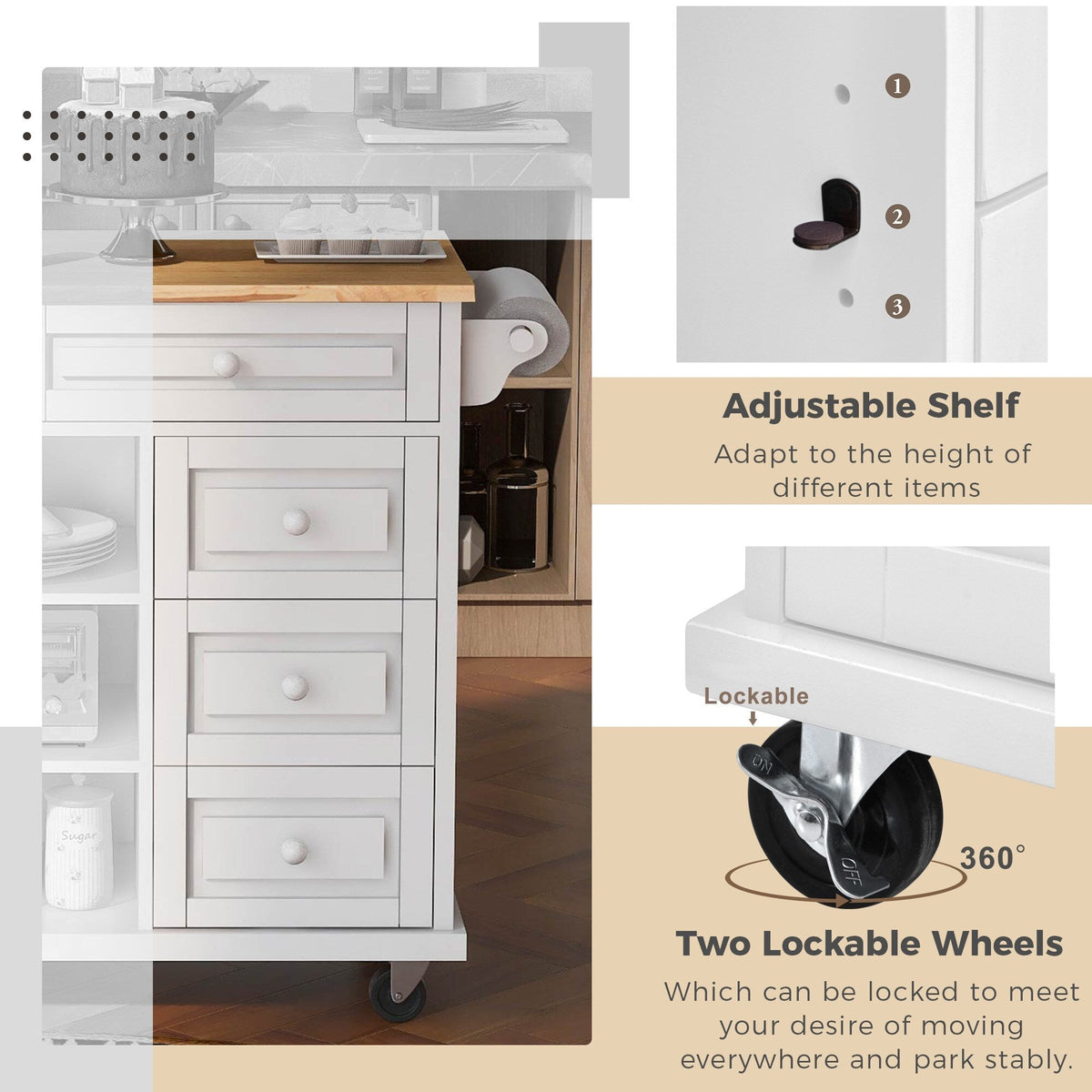 Runesay White Mdf Base with Mdf Wood Top Rolling Kitchen Island (18.1-in x 52.8-in x 36.2-in)