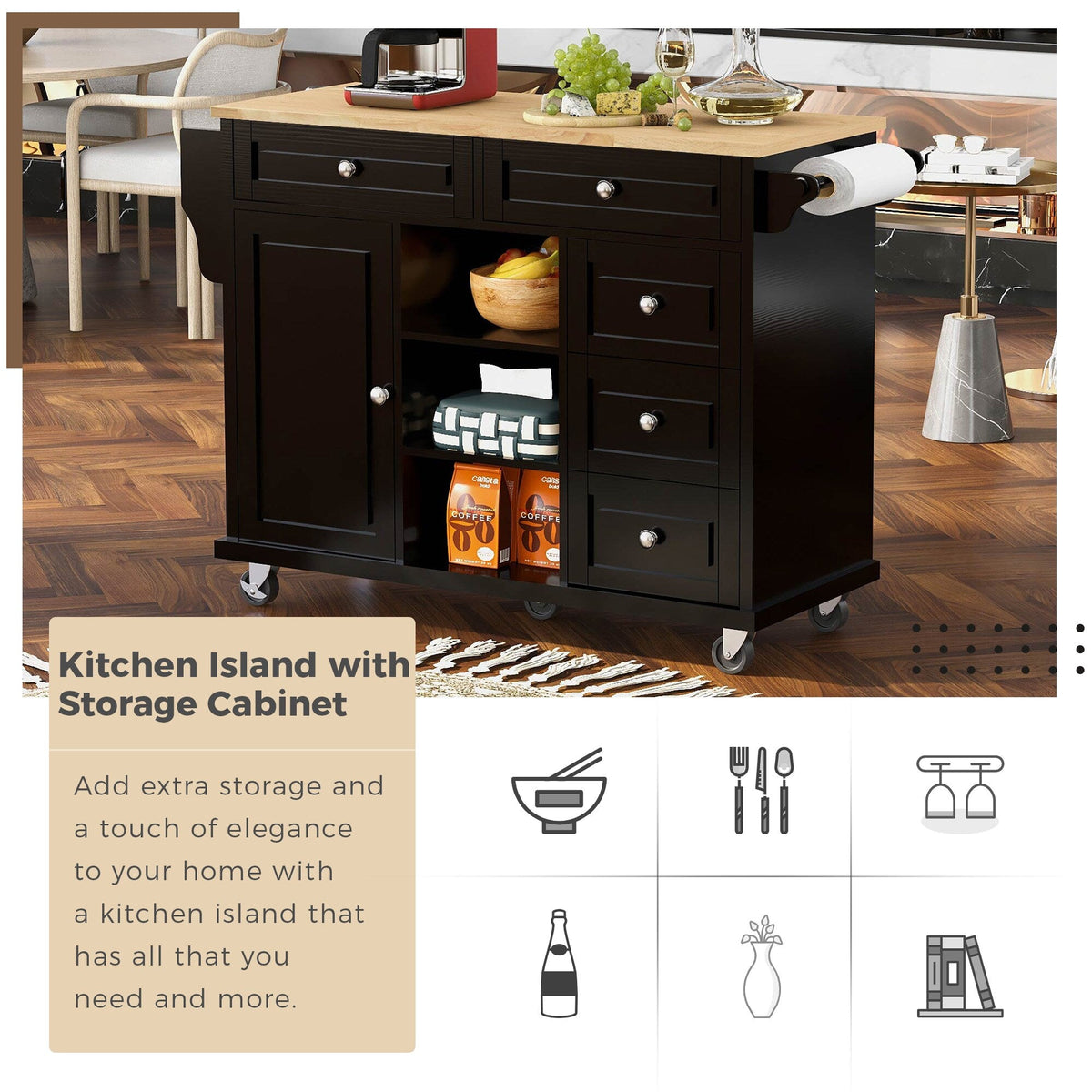 Runesay Black Mdf Base with Mdf Wood Top Rolling Kitchen Island (18.1-in x 52.8-in x 36.2-in)