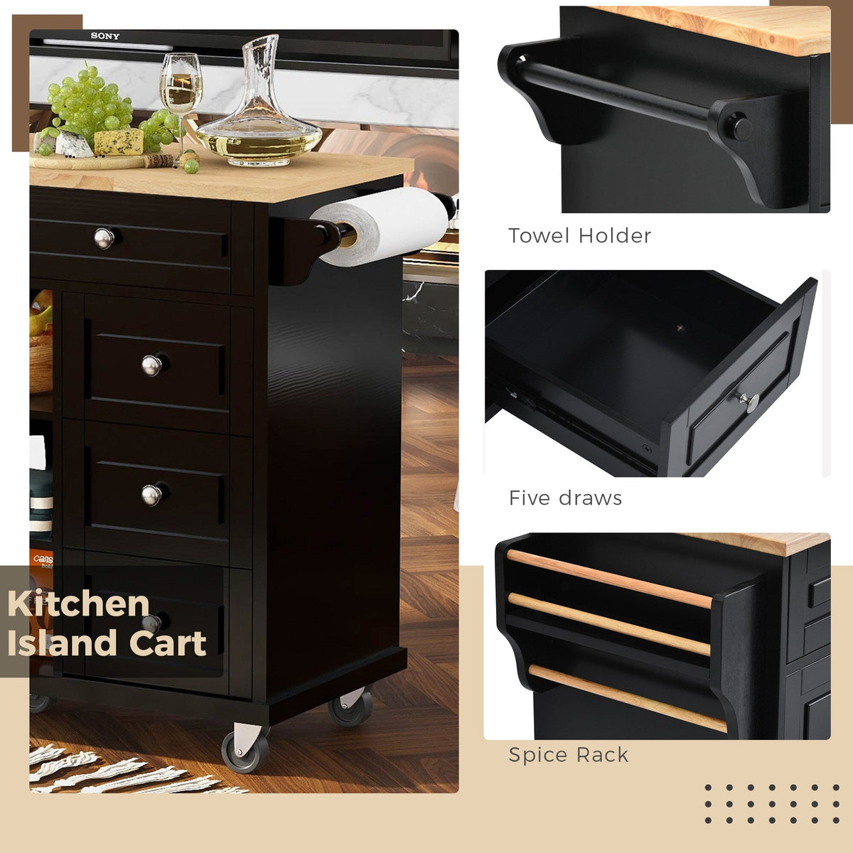 Runesay Black Mdf Base with Mdf Wood Top Rolling Kitchen Island (18.1-in x 52.8-in x 36.2-in)
