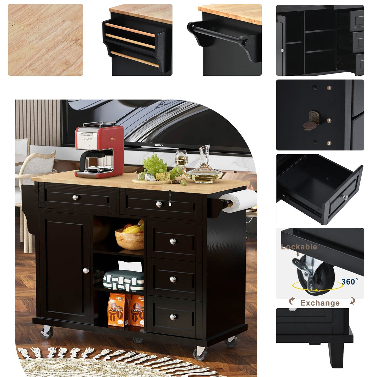 Runesay Black Mdf Base with Mdf Wood Top Rolling Kitchen Island (18.1-in x 52.8-in x 36.2-in)