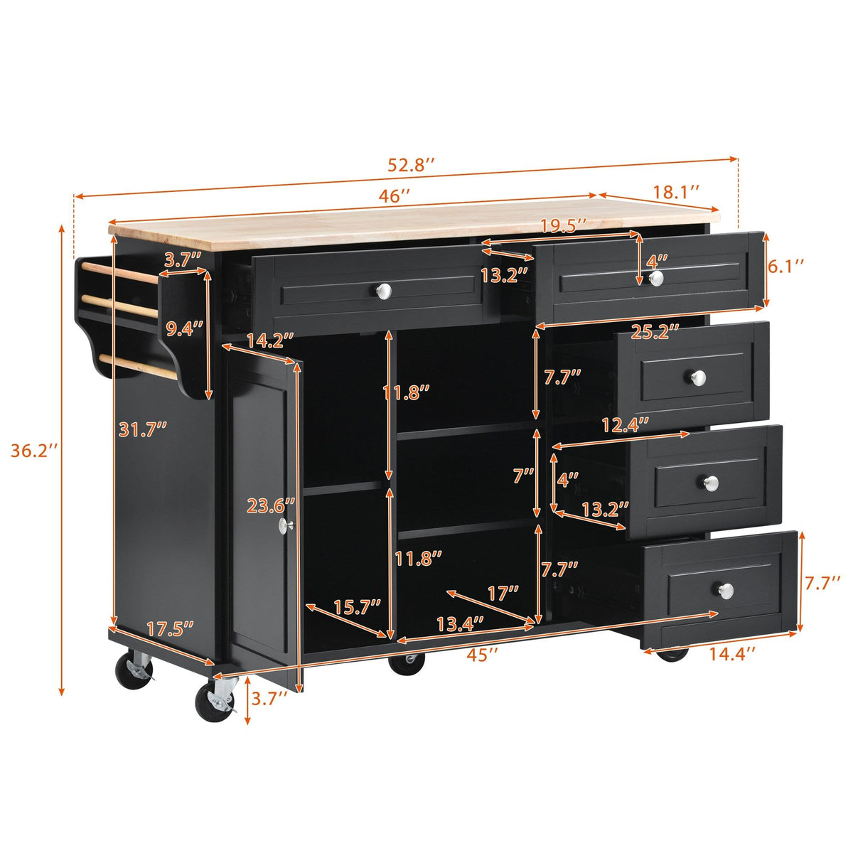 Runesay Black Mdf Base with Mdf Wood Top Rolling Kitchen Island (18.1-in x 52.8-in x 36.2-in)