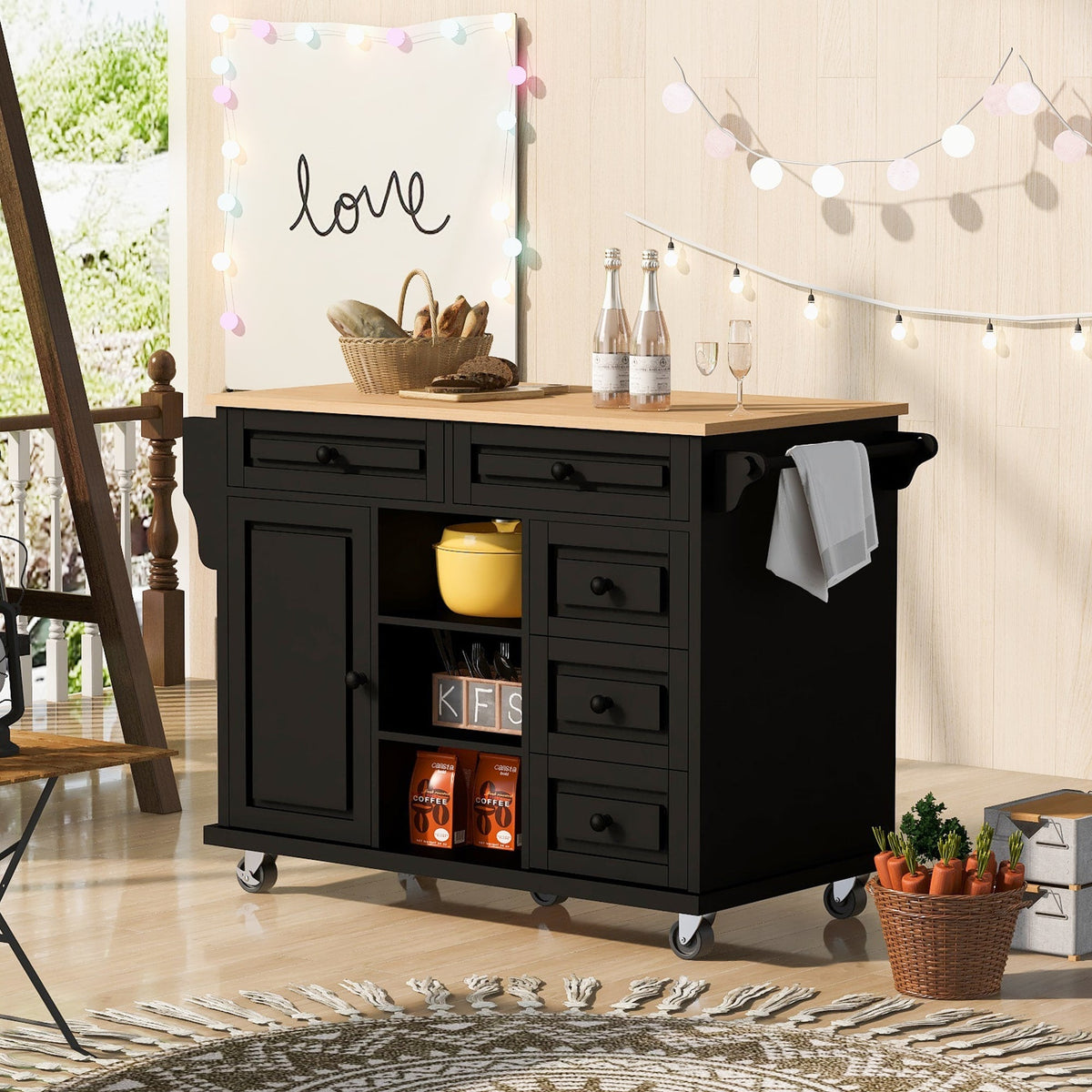 Runesay Black Mdf Base with Mdf Wood Top Rolling Kitchen Island (18.1-in x 52.8-in x 36.2-in)