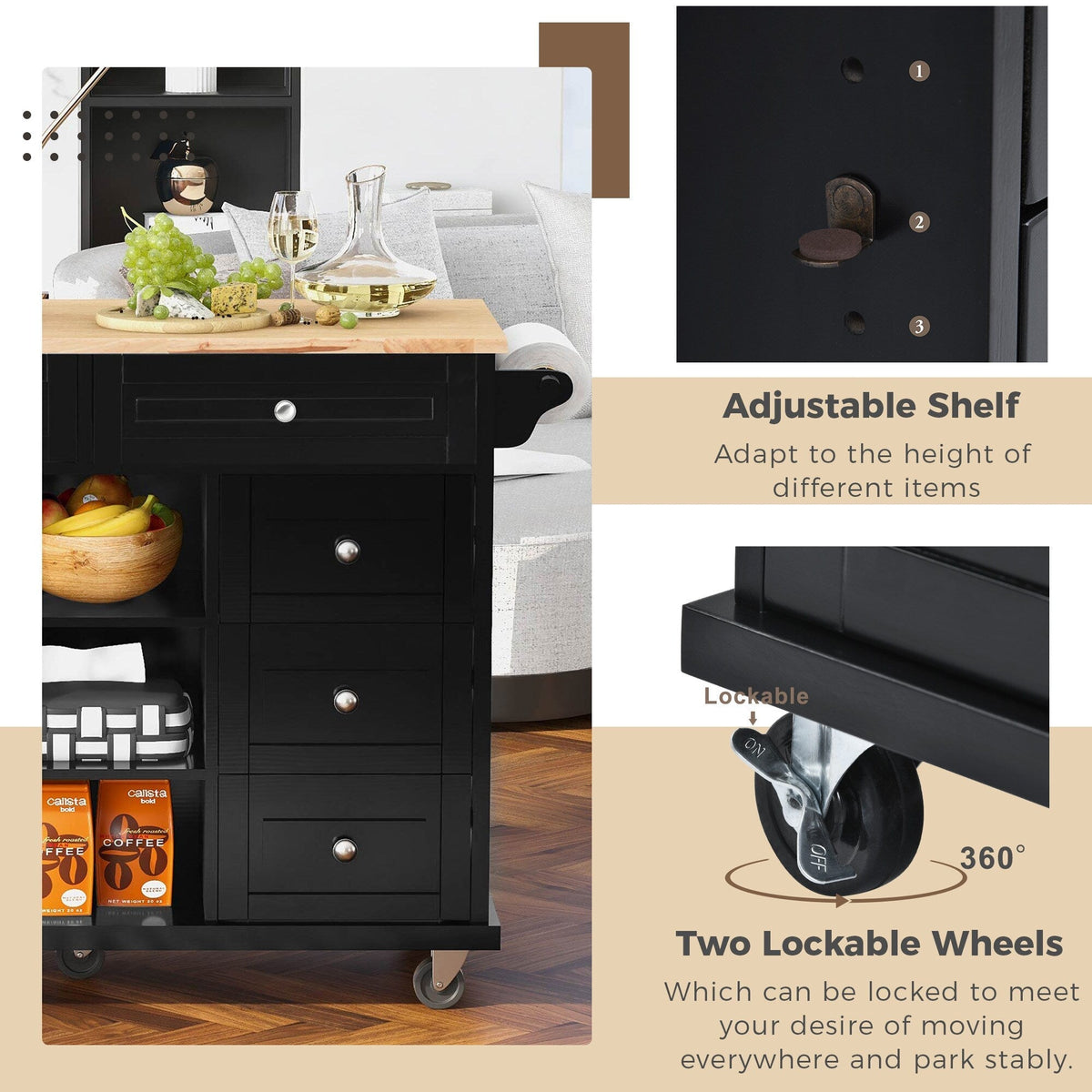 Runesay Black Mdf Base with Mdf Wood Top Rolling Kitchen Island (18.1-in x 52.8-in x 36.2-in)