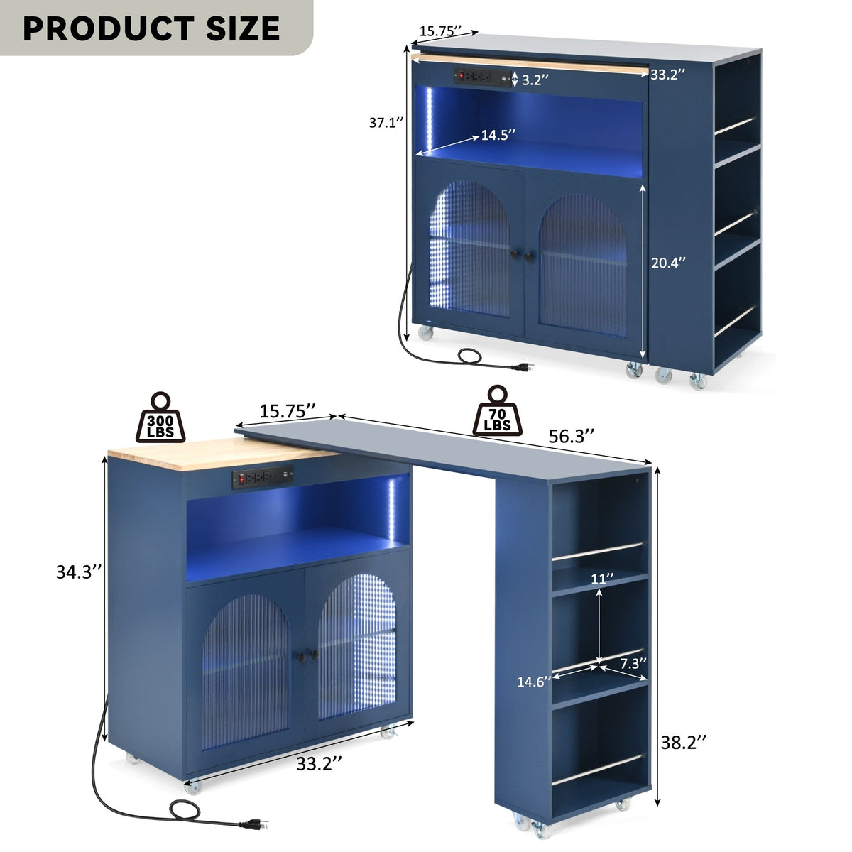 Runesay Blue Mdf Base with Mdf Wood Top Rolling Kitchen Island (16.92-in x 41.11-in x 38.22-in)