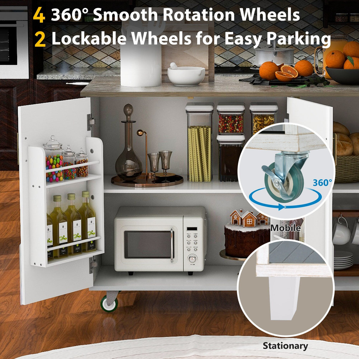 Runesay White Mdf Base with Mdf Wood Top Rolling Kitchen Island (25.7-in x 51.57-in x 36.7-in)