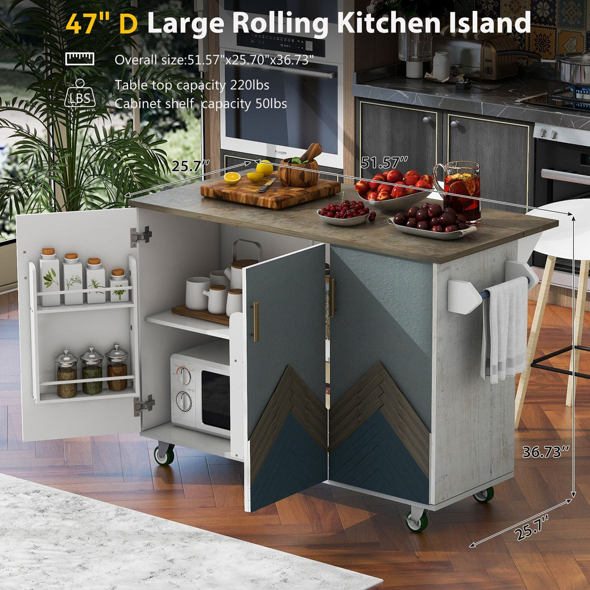 Runesay White Mdf Base with Mdf Wood Top Rolling Kitchen Island (25.7-in x 51.57-in x 36.7-in)