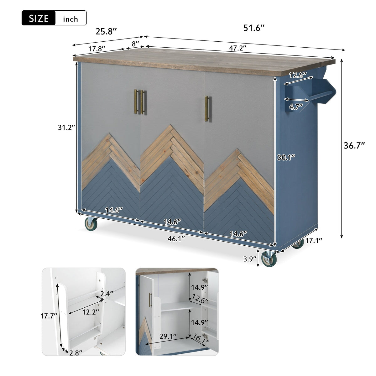 Runesay Blue Mdf Base with Mdf Wood Top Rolling Kitchen Island (25.7-in x 51.57-in x 36.7-in)