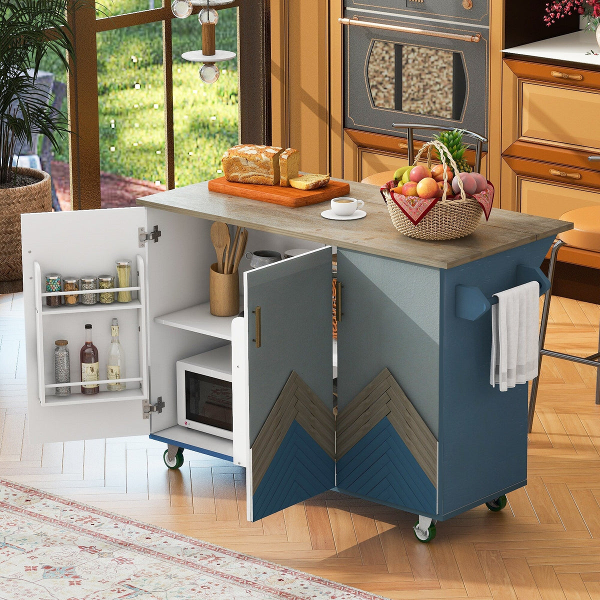 Runesay Blue Mdf Base with Mdf Wood Top Rolling Kitchen Island (25.7-in x 51.57-in x 36.7-in)