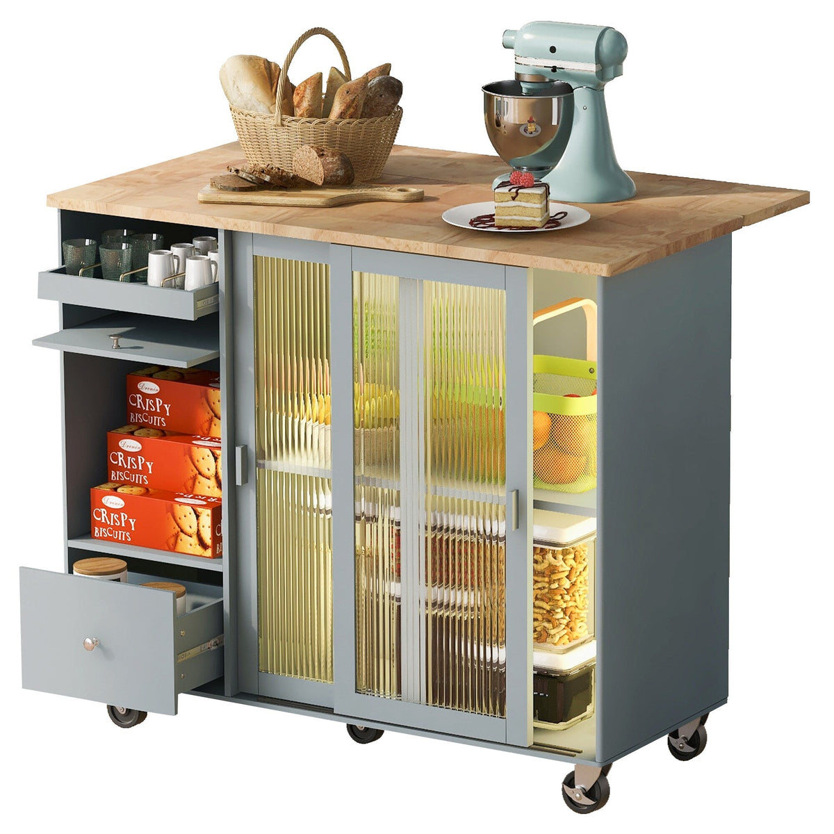 Runesay Blue Mdf Base with Mdf Wood Top Rolling Kitchen Island (26.97-in x 44.03-in x 37-in)