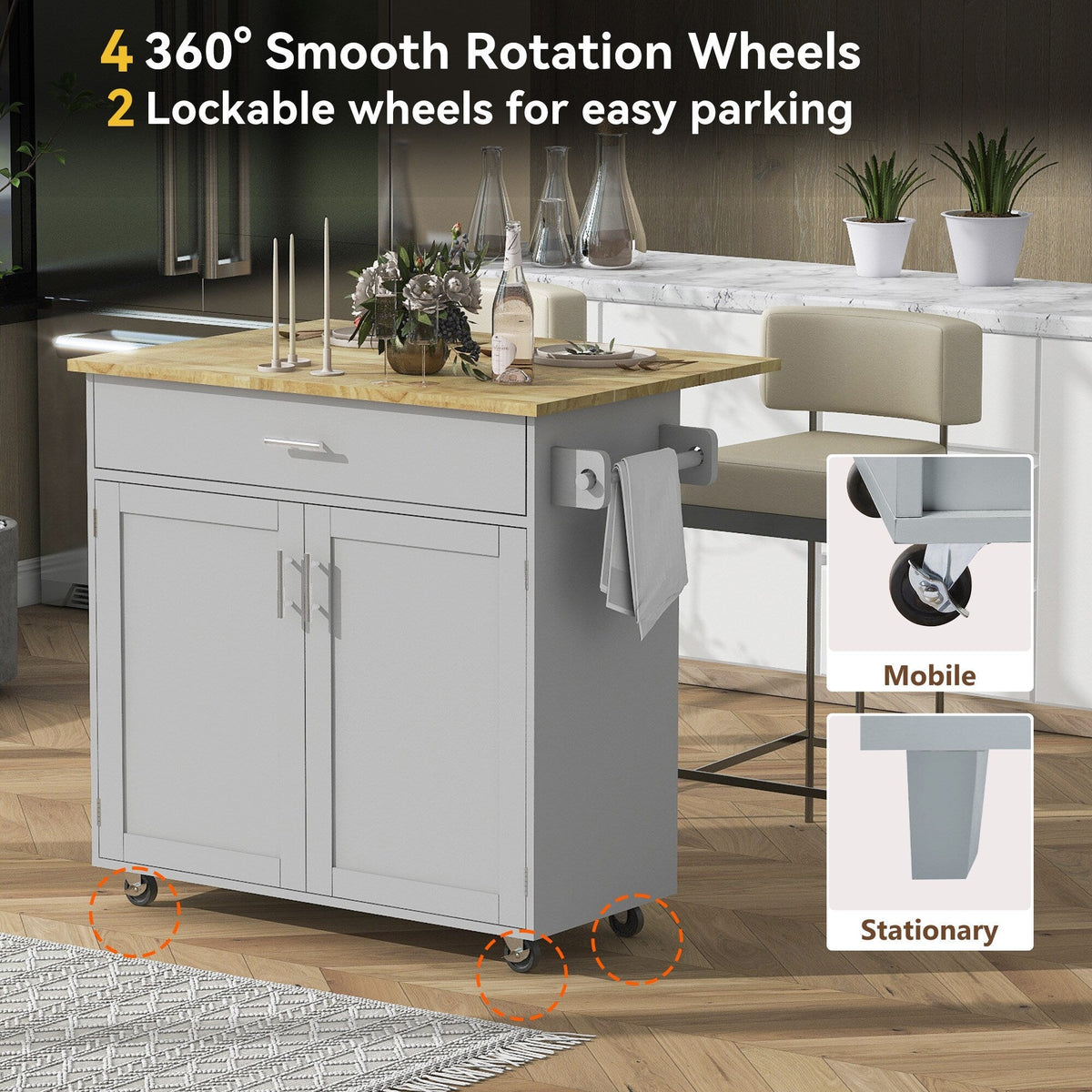 Runesay Blue Mdf Base with Mdf Wood Top Rolling Kitchen Island (25.7-in x 39-in x 34-in)