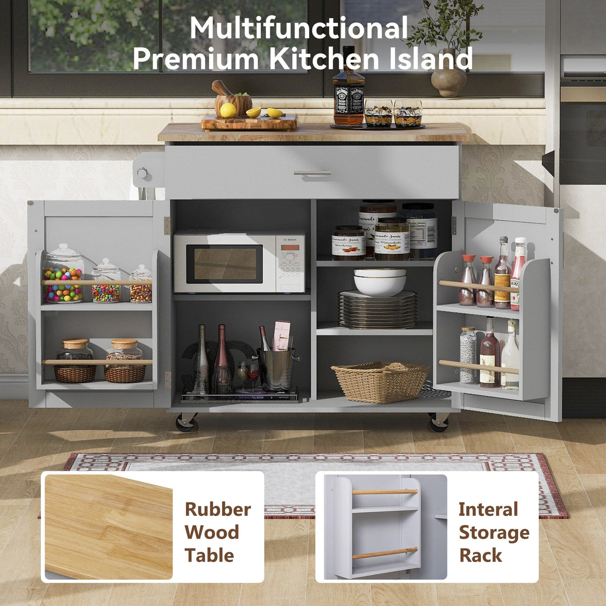 Runesay Blue Mdf Base with Mdf Wood Top Rolling Kitchen Island (25.7-in x 39-in x 34-in)