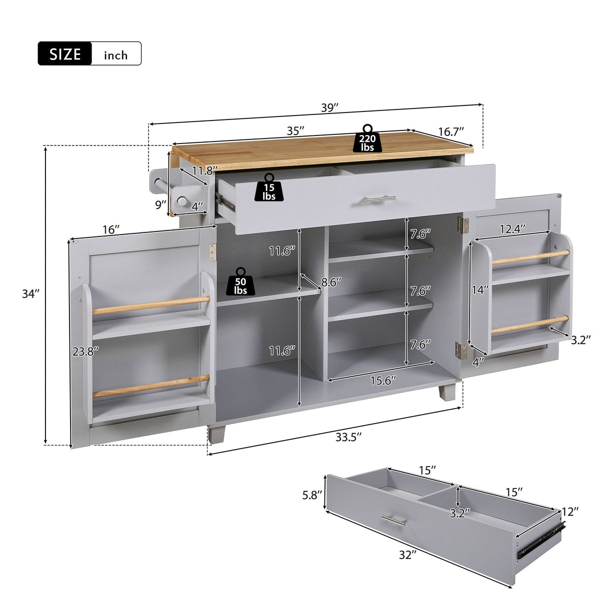 Runesay Blue Mdf Base with Mdf Wood Top Rolling Kitchen Island (25.7-in x 39-in x 34-in)