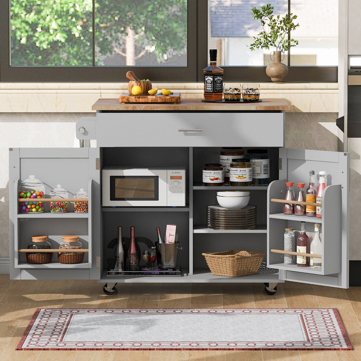 Runesay Blue Mdf Base with Mdf Wood Top Rolling Kitchen Island (25.7-in x 39-in x 34-in)