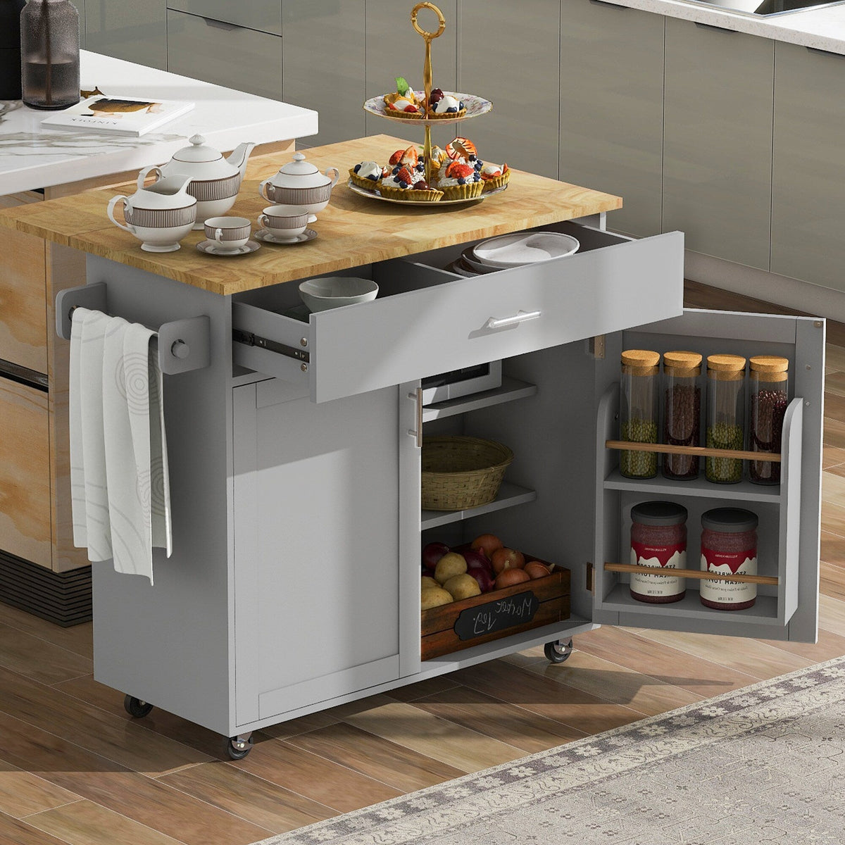 Runesay Blue Mdf Base with Mdf Wood Top Rolling Kitchen Island (25.7-in x 39-in x 34-in)