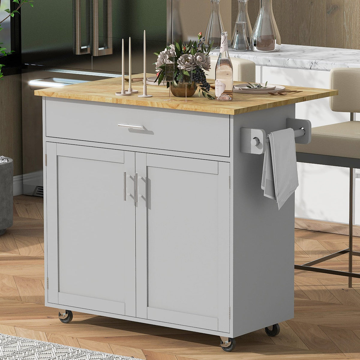 Runesay Blue Mdf Base with Mdf Wood Top Rolling Kitchen Island (25.7-in x 39-in x 34-in)
