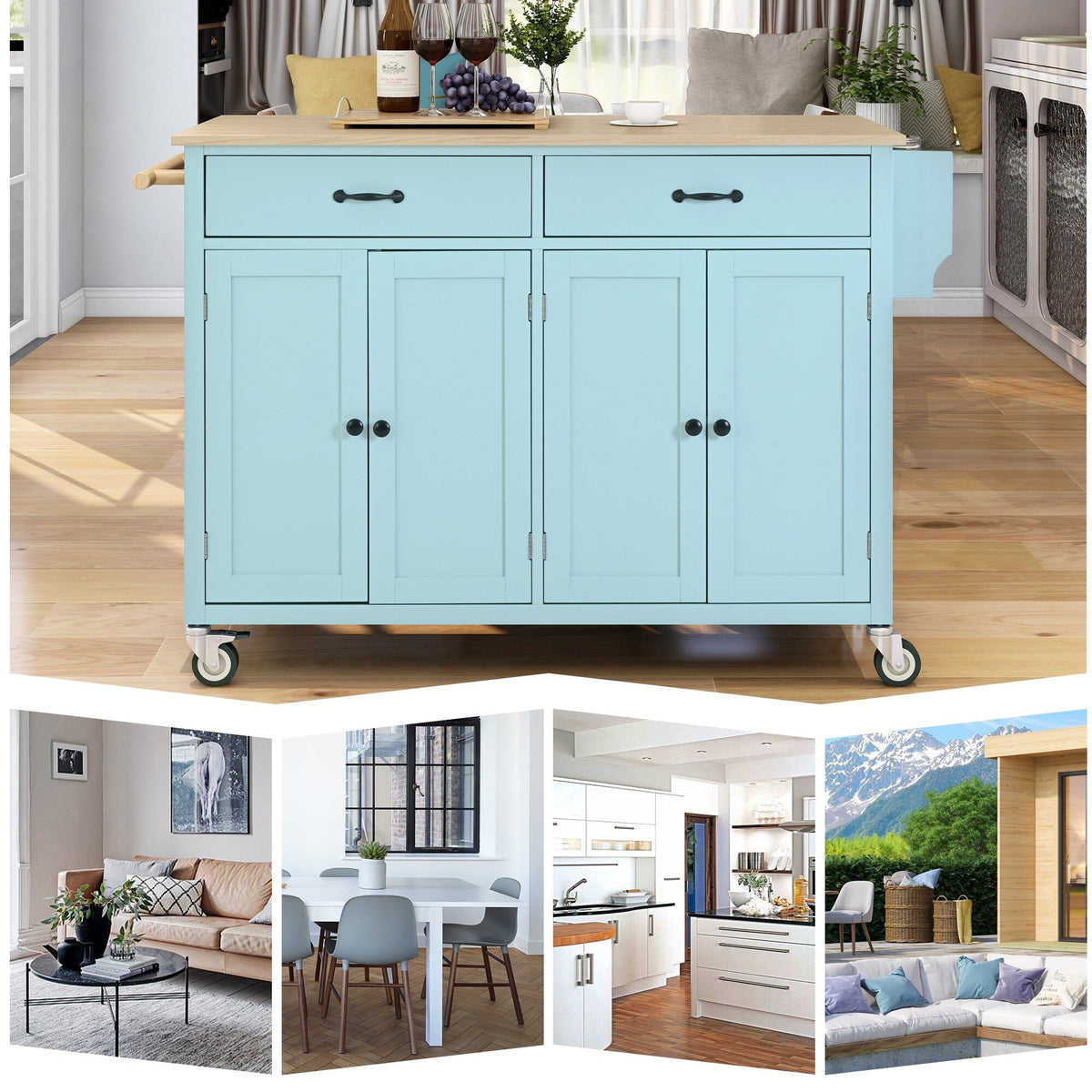 Runesay Green Mdf Base with Mdf Wood Top Rolling Kitchen Island (18.5-in x 54.33-in x 36.22-in)