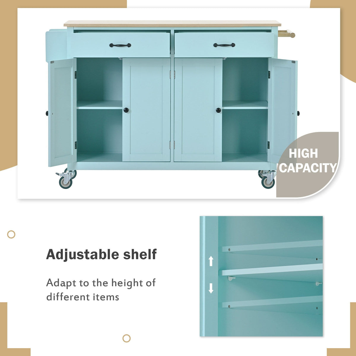 Runesay Green Mdf Base with Mdf Wood Top Rolling Kitchen Island (18.5-in x 54.33-in x 36.22-in)