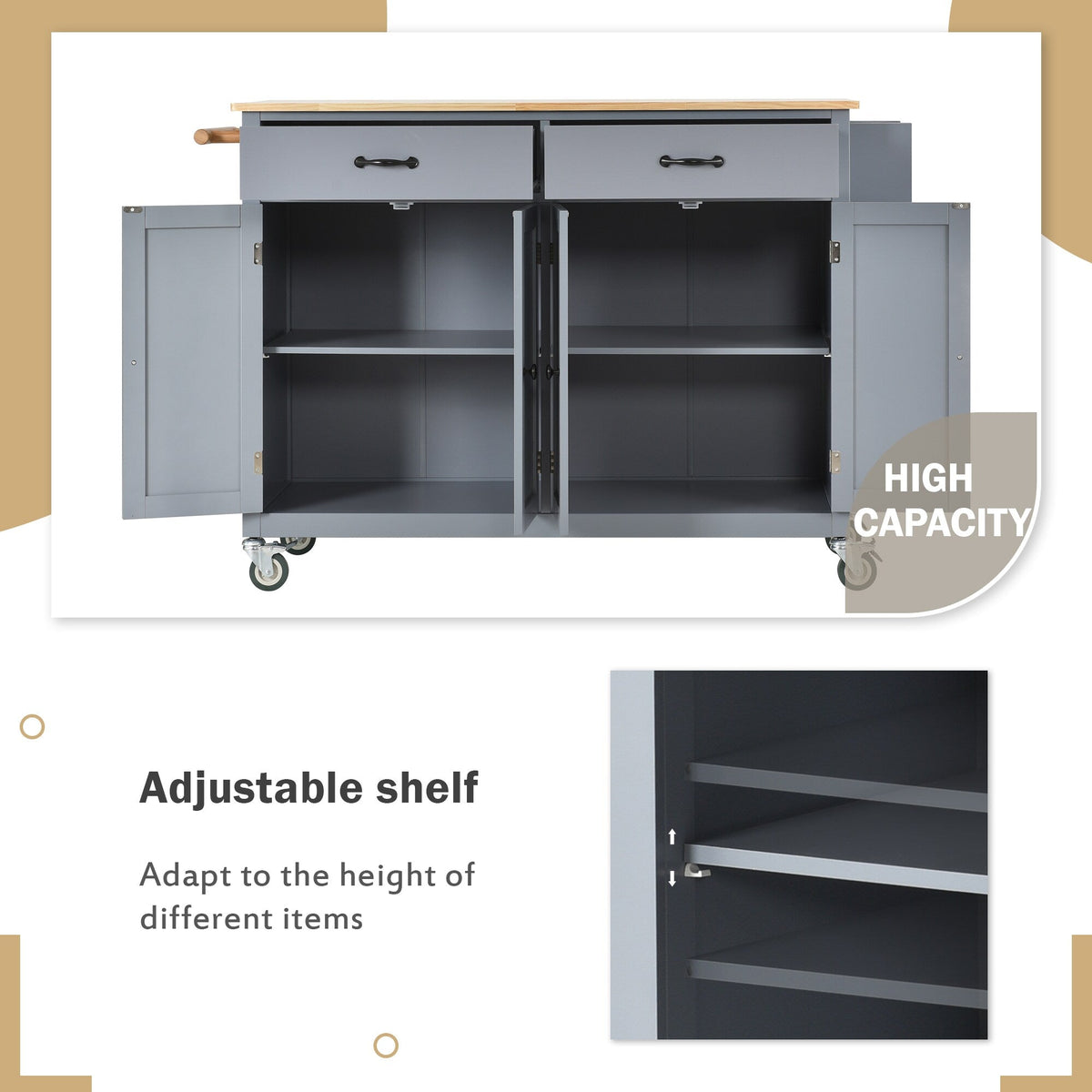 Runesay Black Mdf Base with Mdf Wood Top Rolling Kitchen Island (18.5-in x 54.33-in x 36.22-in)