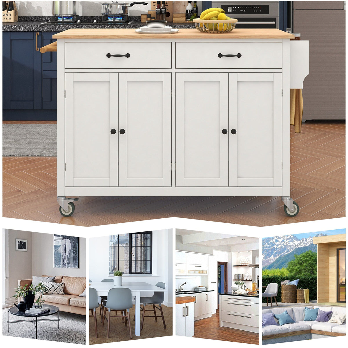 Runesay White Mdf Base with Mdf Wood Top Rolling Kitchen Island (18.5-in x 54.33-in x 36.22-in)