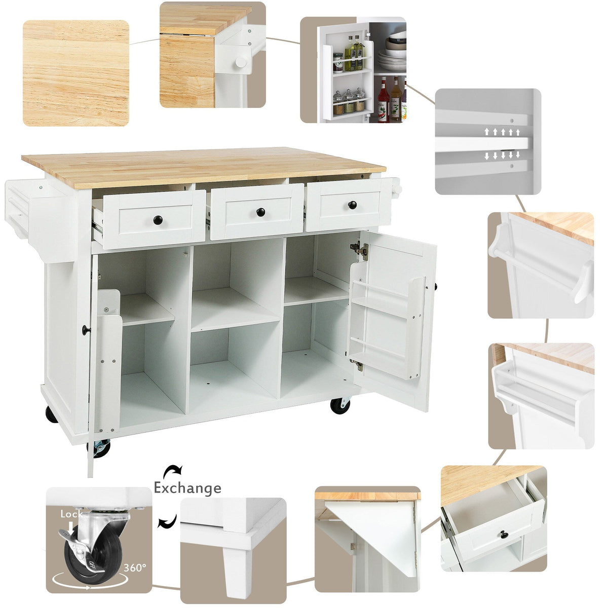 Runesay White Wood Base with Wood Top Rolling Kitchen Island (29.5-in x 53.1-in x 37.2-in)