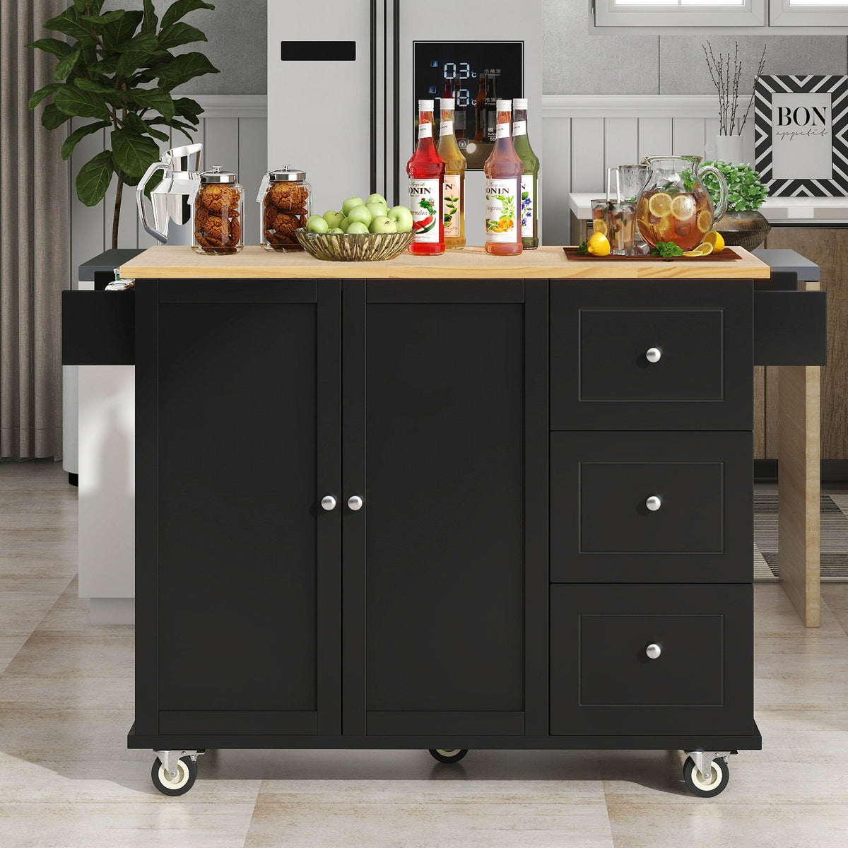Runesay Black Wood Base with Wood Top Rolling Kitchen Island (29.5-in x 52.76-in x 36.81-in)