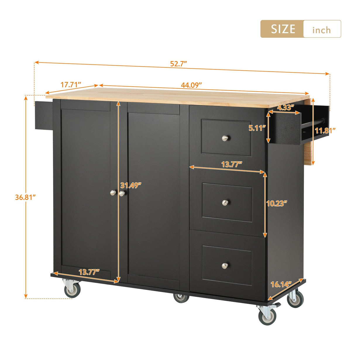 Runesay Black Wood Base with Wood Top Rolling Kitchen Island (29.5-in x 52.76-in x 36.81-in)