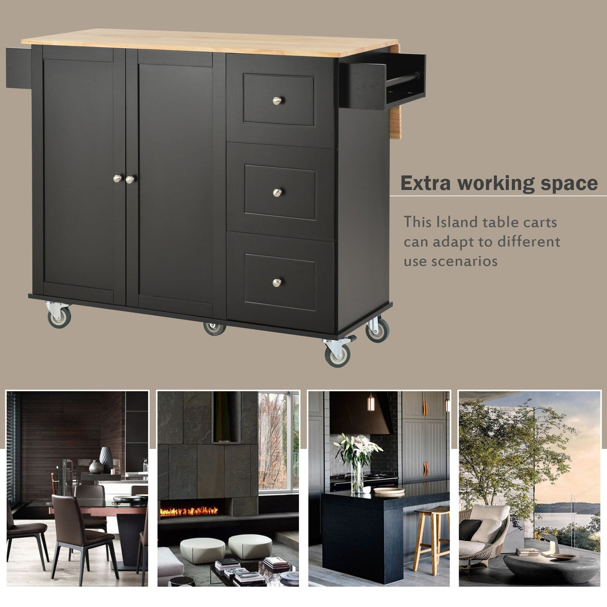 Runesay Black Wood Base with Wood Top Rolling Kitchen Island (29.5-in x 52.76-in x 36.81-in)