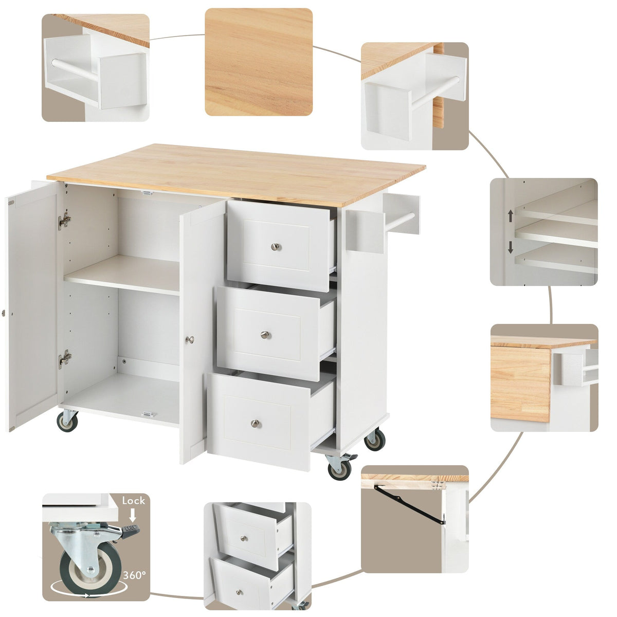 Runesay White Wood Base with Wood Top Rolling Kitchen Island (29.5-in x 52.76-in x 36.81-in)