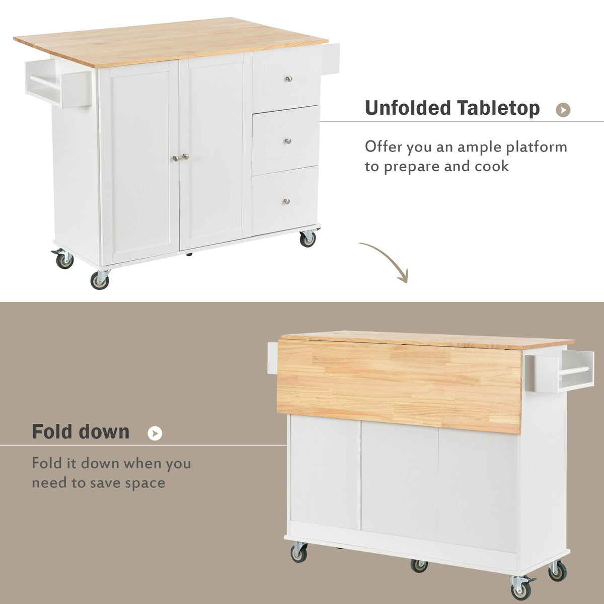 Runesay White Wood Base with Wood Top Rolling Kitchen Island (29.5-in x 52.76-in x 36.81-in)