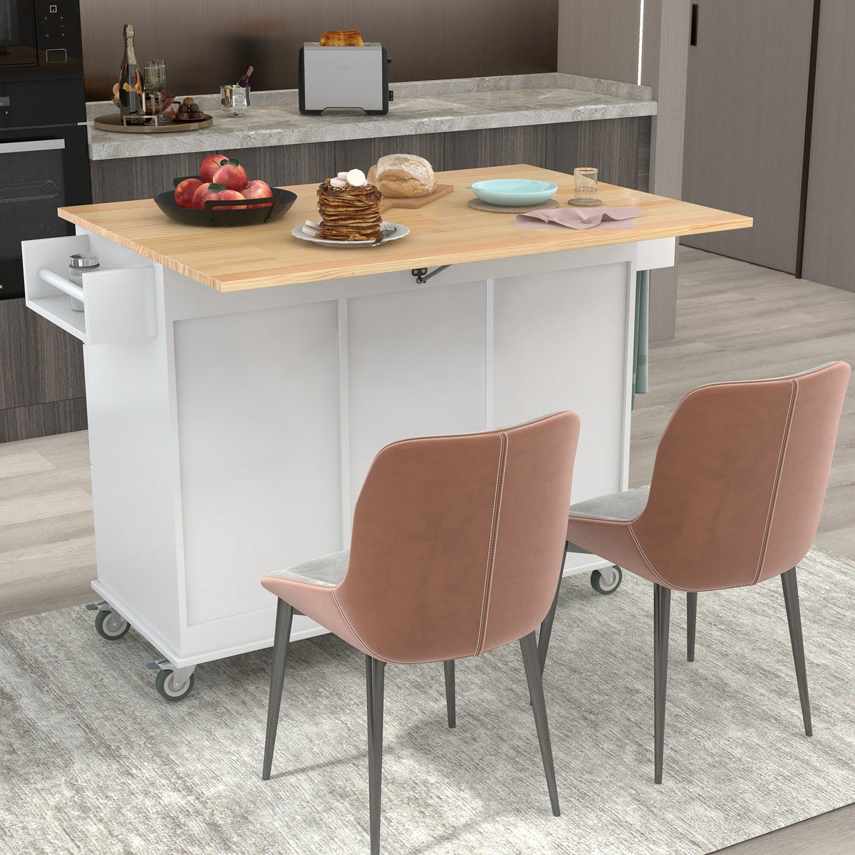 Runesay White Wood Base with Wood Top Rolling Kitchen Island (29.5-in x 52.76-in x 36.81-in)