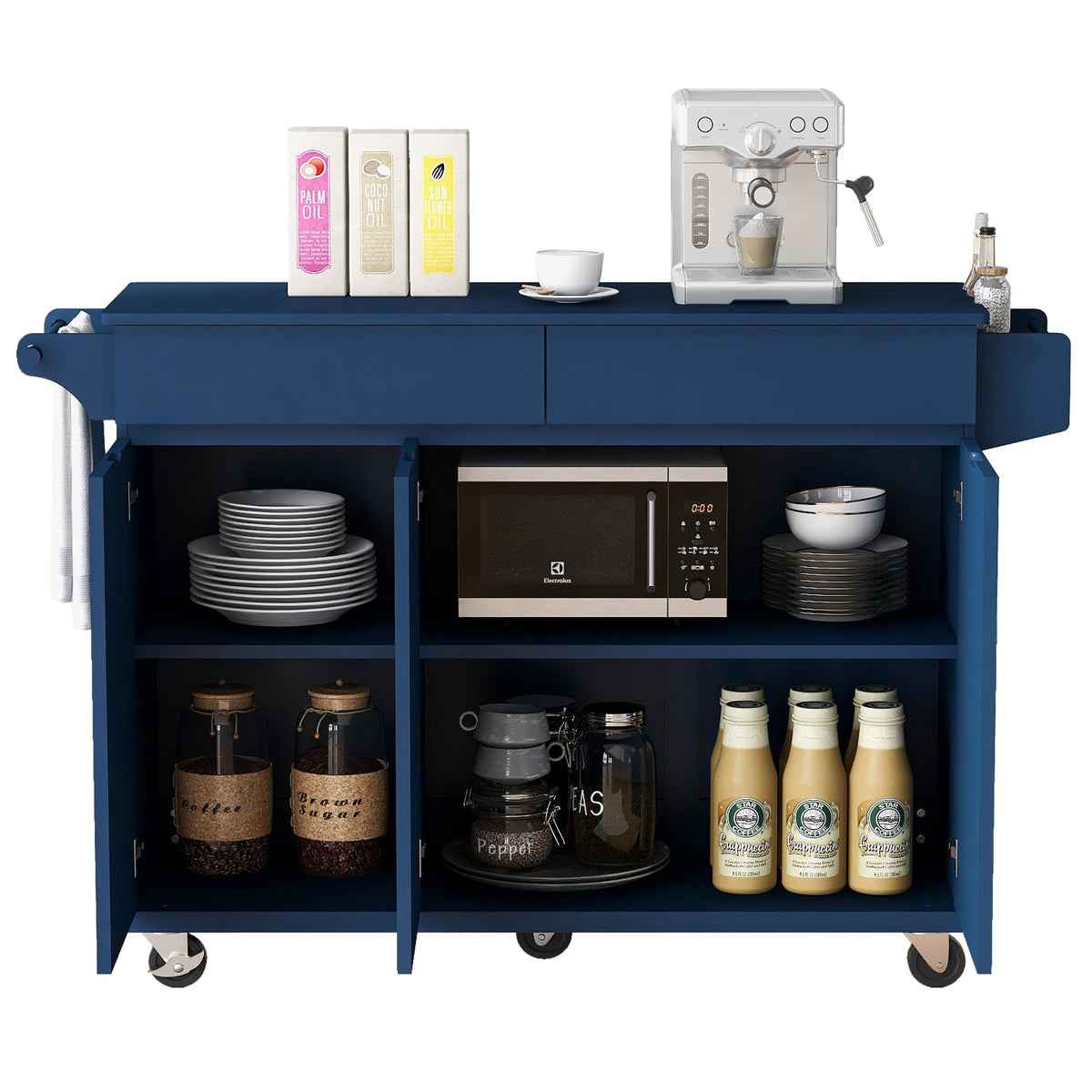 Runesay Blue Wood Base with Wood Top Rolling Kitchen Island (27.56-in x 53.15-in x 36.33-in)