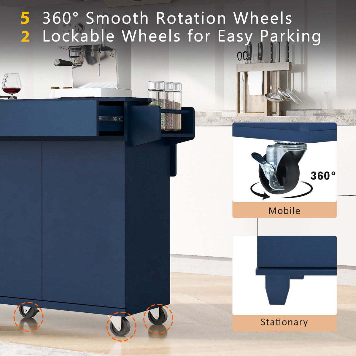 Runesay Blue Wood Base with Wood Top Rolling Kitchen Island (27.56-in x 53.15-in x 36.33-in)