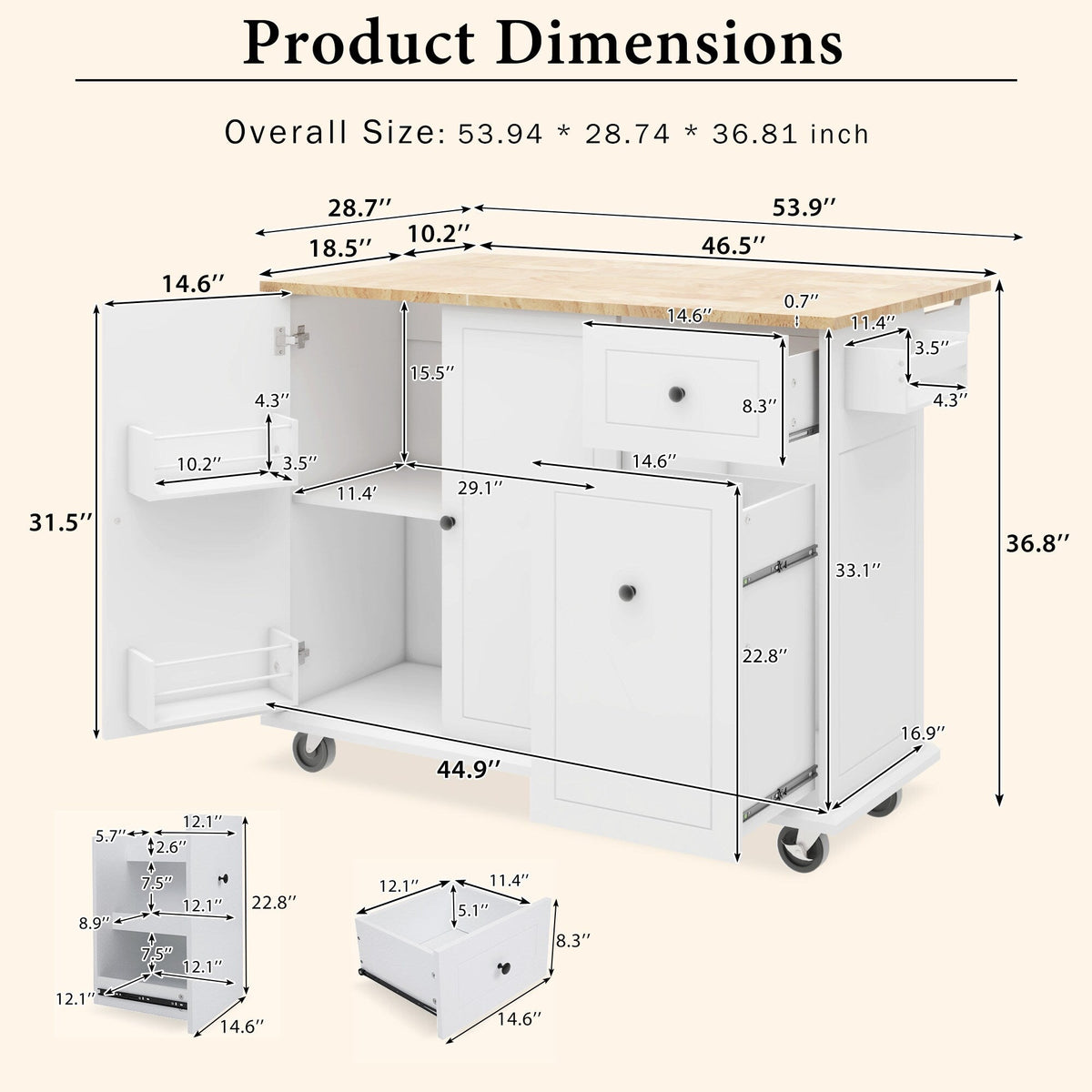 Runesay White Wood Base with Wood Top Rolling Kitchen Island (28.74-in x 53.94-in x 36.81-in)