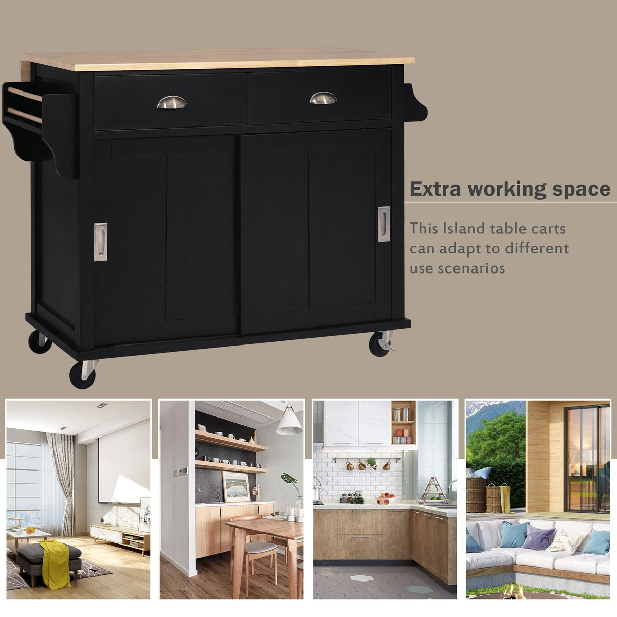 Runesay Black Wood Base with Wood Top Rolling Kitchen Island (20.5-in x 52.2-in x 36.6-in)