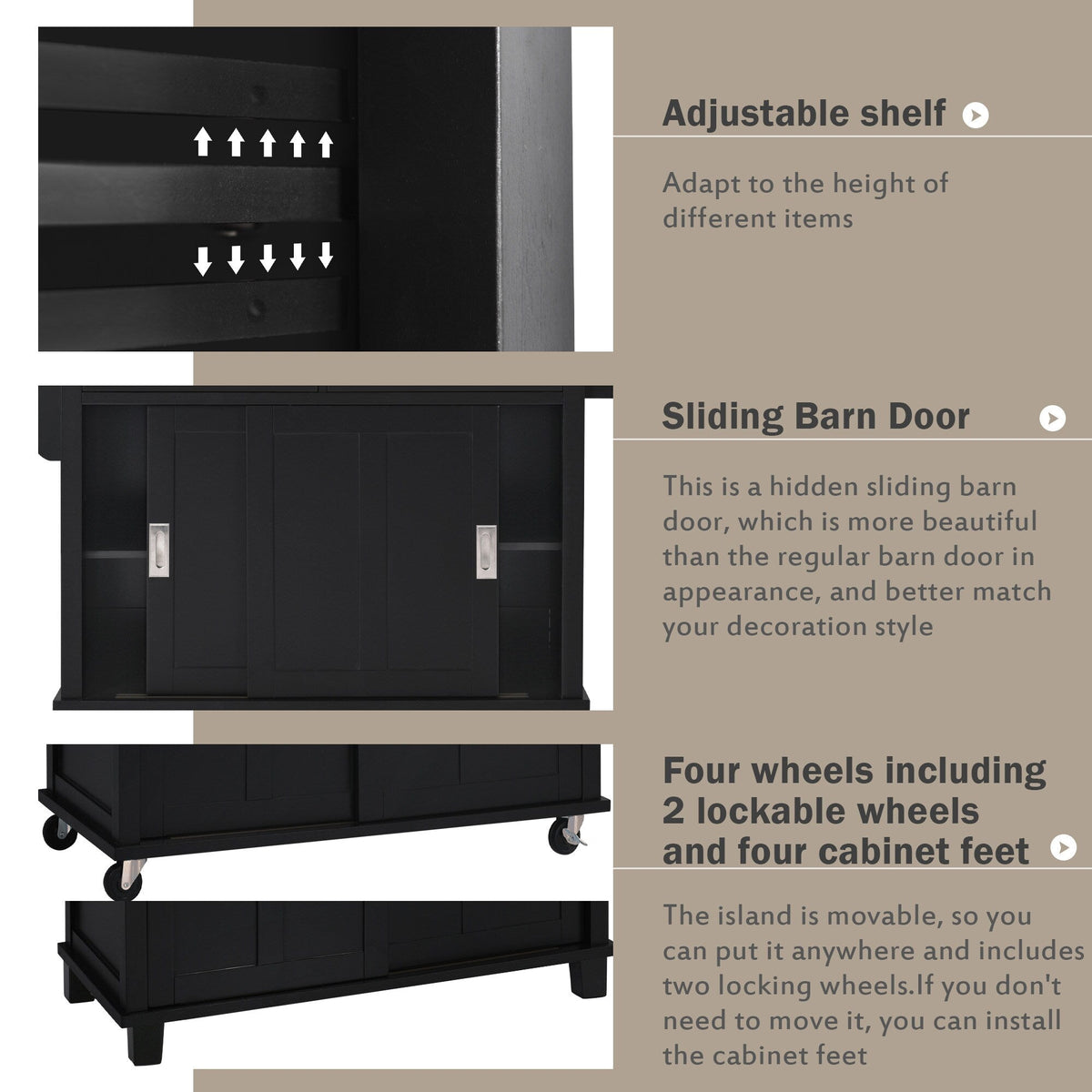 Runesay Black Wood Base with Wood Top Rolling Kitchen Island (20.5-in x 52.2-in x 36.6-in)