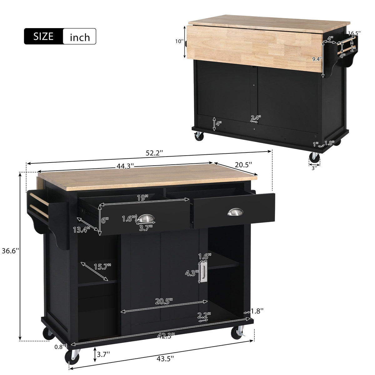 Runesay Black Wood Base with Wood Top Rolling Kitchen Island (20.5-in x 52.2-in x 36.6-in)