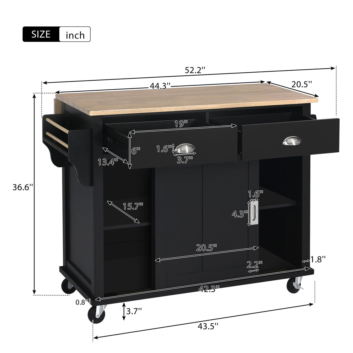 Runesay Black Wood Base with Wood Top Rolling Kitchen Island (20.5-in x 52.2-in x 36.6-in)