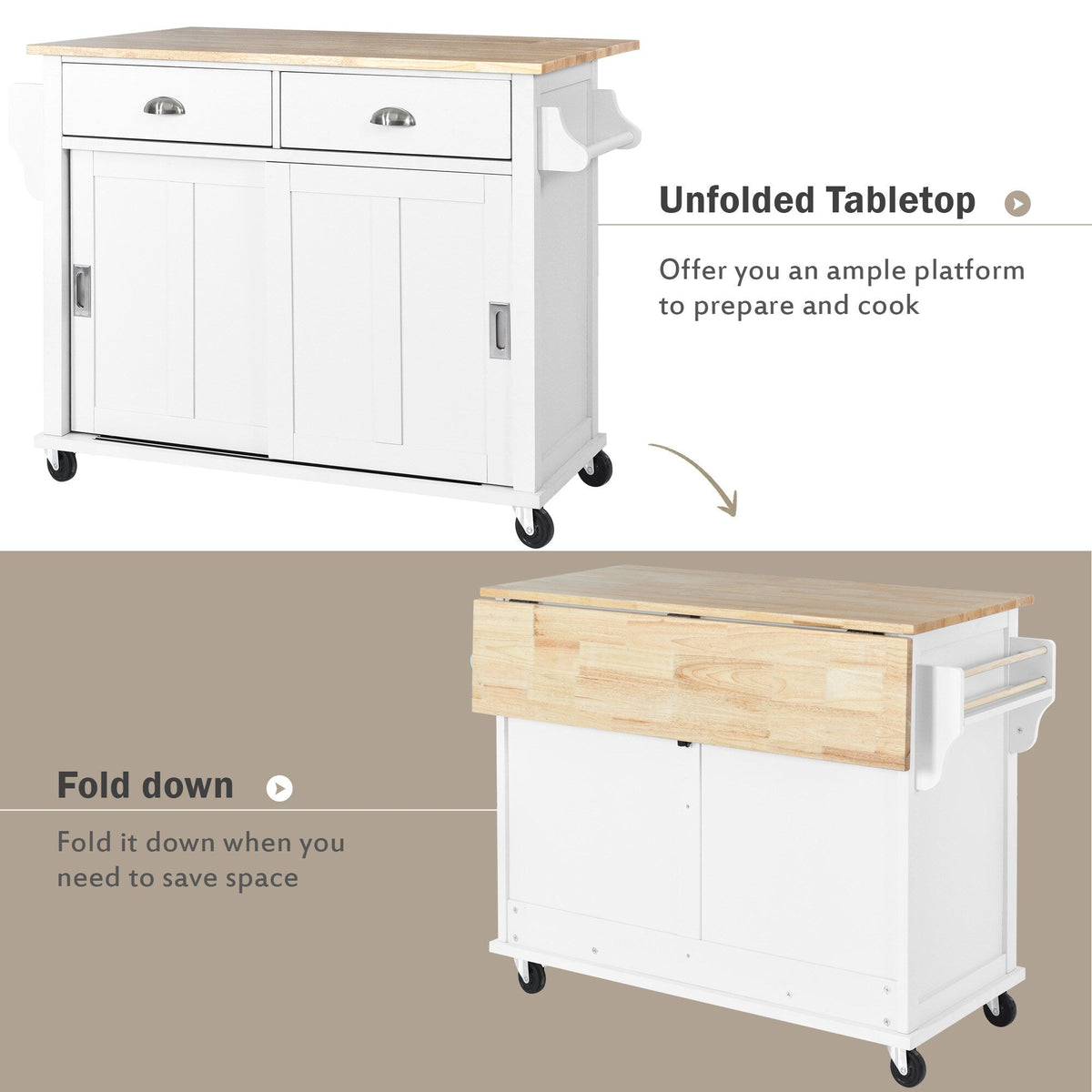 Runesay White Wood Base with Wood Top Rolling Kitchen Island (20.5-in x 52.2-in x 36.6-in)