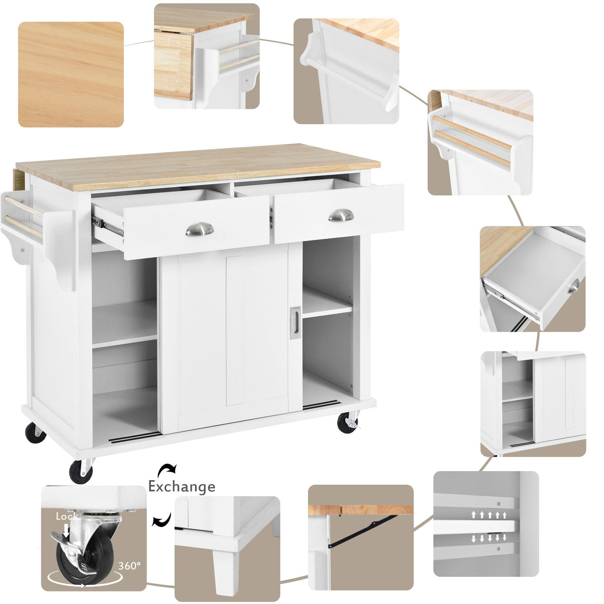 Runesay White Wood Base with Wood Top Rolling Kitchen Island (20.5-in x 52.2-in x 36.6-in)